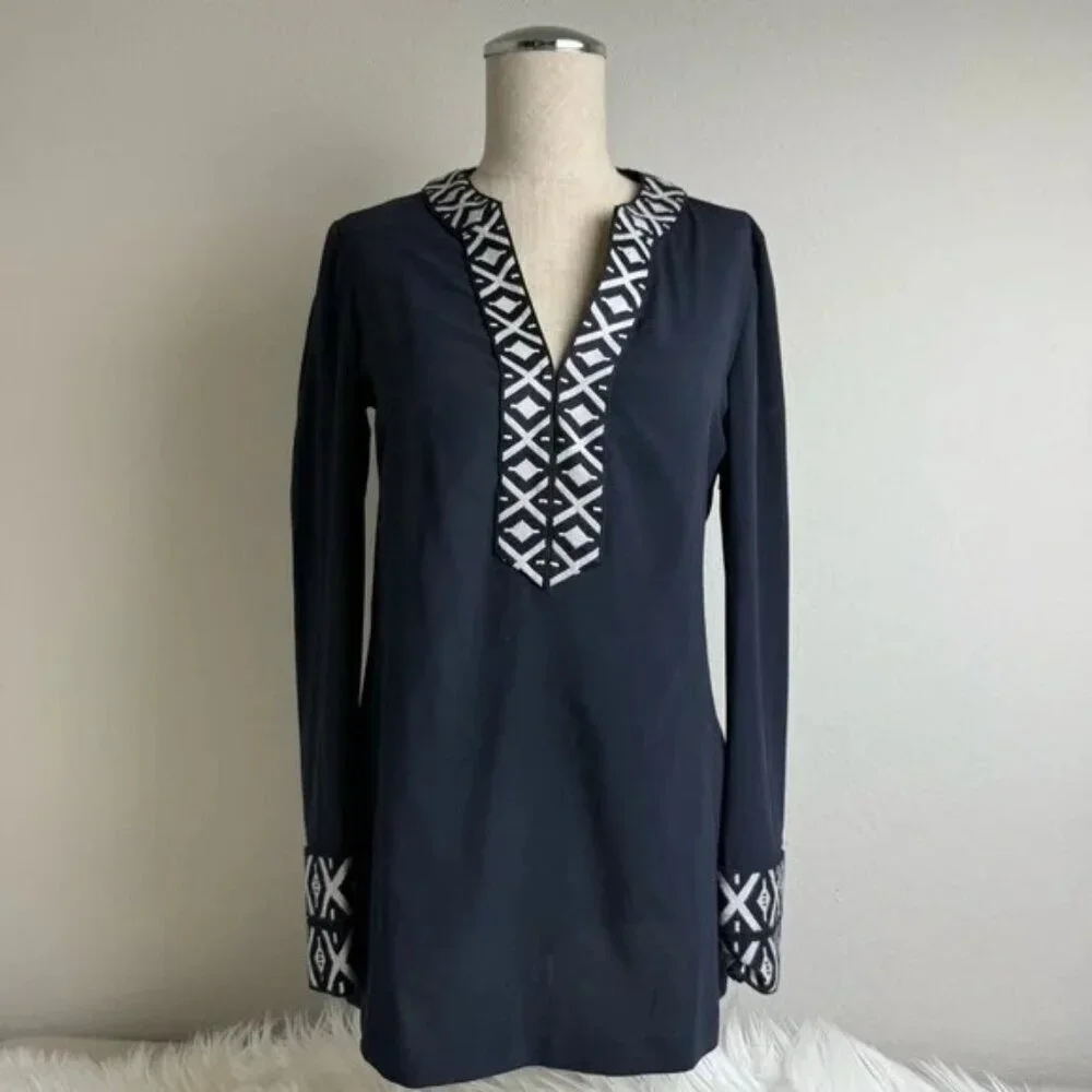 Tory Burch Ariana Navy Embroidered Tunic